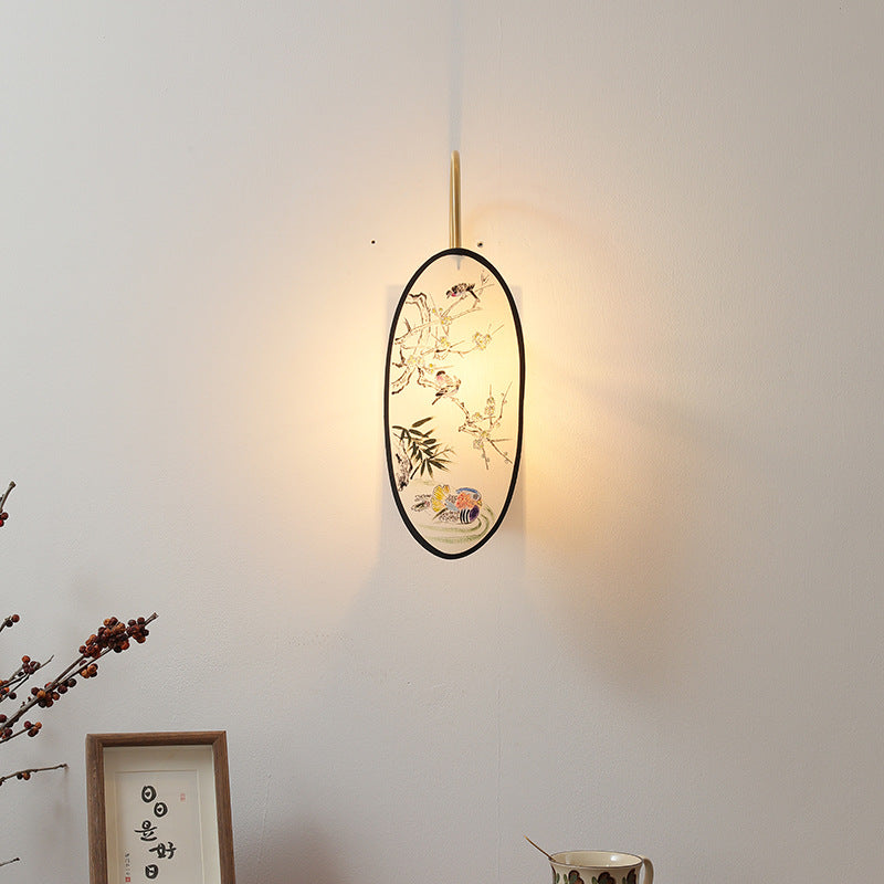 Traditional Chinese Oval Flower And Bird Patterned Hawthorn Wood Brass Fabric 1-Light Wall Sconce Lamp For Bedroom