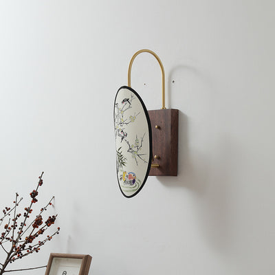 Traditional Chinese Oval Flower And Bird Patterned Hawthorn Wood Brass Fabric 1-Light Wall Sconce Lamp For Bedroom