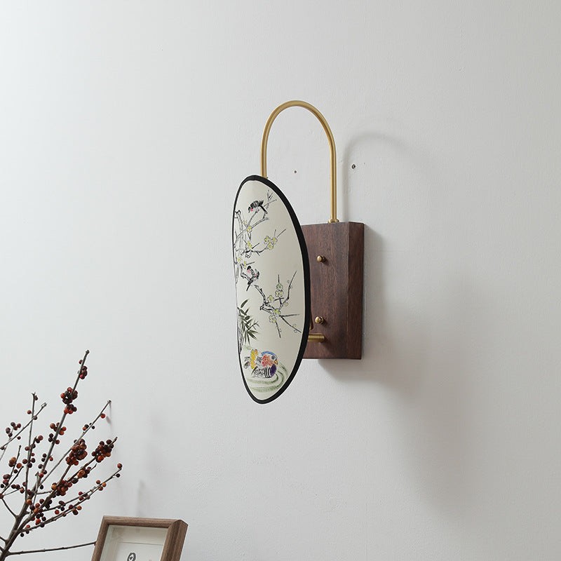 Traditional Chinese Oval Flower And Bird Patterned Hawthorn Wood Brass Fabric 1-Light Wall Sconce Lamp For Bedroom