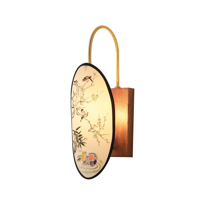 Traditional Chinese Oval Flower And Bird Patterned Hawthorn Wood Brass Fabric 1-Light Wall Sconce Lamp For Bedroom