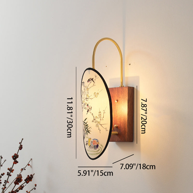 Traditional Chinese Oval Flower And Bird Patterned Hawthorn Wood Brass Fabric 1-Light Wall Sconce Lamp For Bedroom