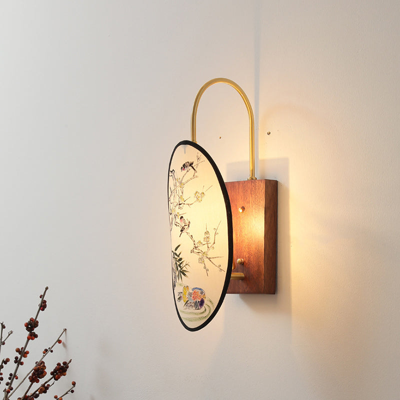 Traditional Chinese Oval Flower And Bird Patterned Hawthorn Wood Brass Fabric 1-Light Wall Sconce Lamp For Bedroom