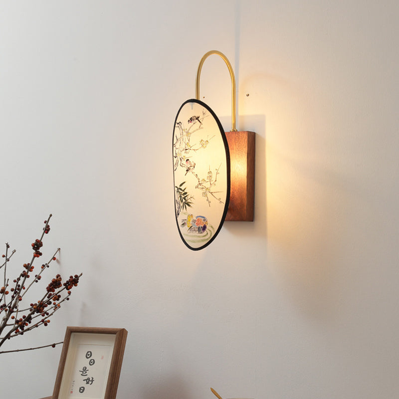 Traditional Chinese Oval Flower And Bird Patterned Hawthorn Wood Brass Fabric 1-Light Wall Sconce Lamp For Bedroom