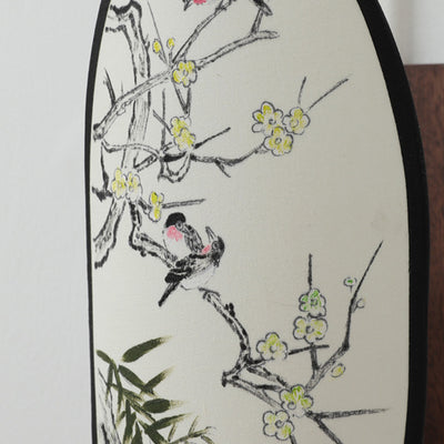 Traditional Chinese Oval Flower And Bird Patterned Hawthorn Wood Brass Fabric 1-Light Wall Sconce Lamp For Bedroom