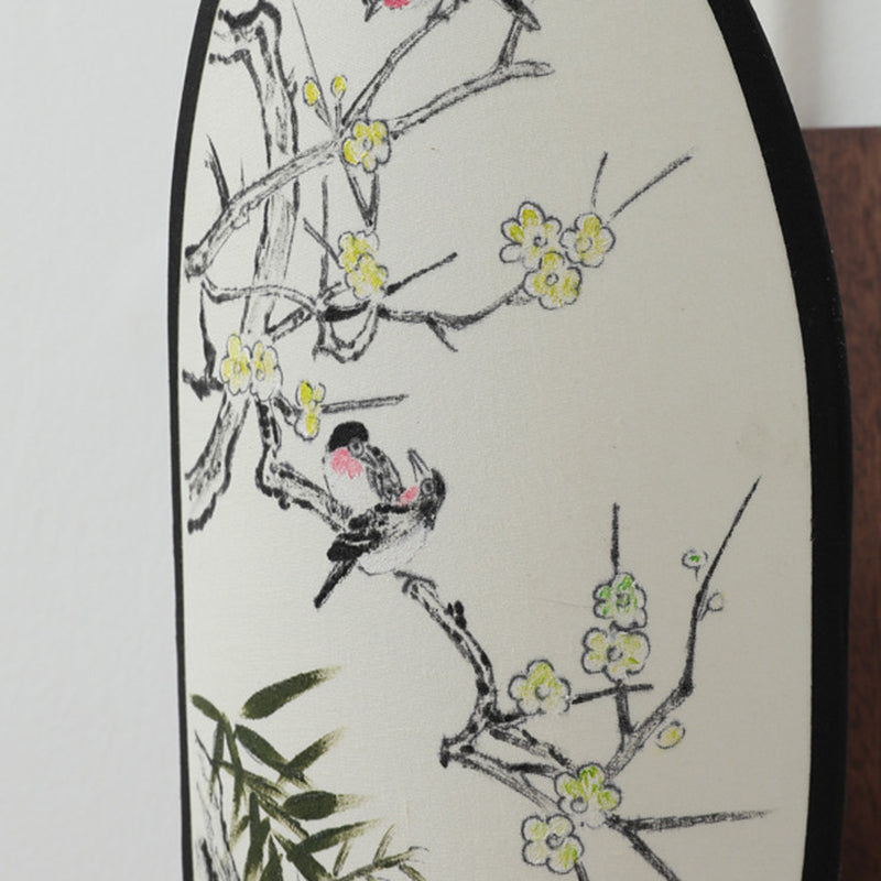 Traditional Chinese Oval Flower And Bird Patterned Hawthorn Wood Brass Fabric 1-Light Wall Sconce Lamp For Bedroom