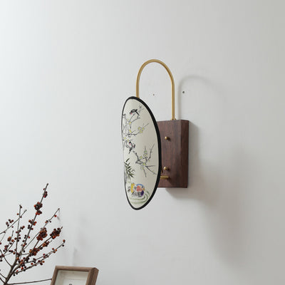 Traditional Chinese Oval Flower And Bird Patterned Hawthorn Wood Brass Fabric 1-Light Wall Sconce Lamp For Bedroom