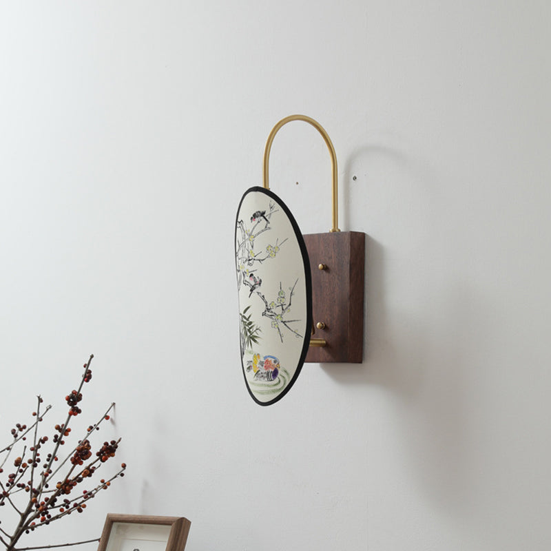 Traditional Chinese Oval Flower And Bird Patterned Hawthorn Wood Brass Fabric 1-Light Wall Sconce Lamp For Bedroom