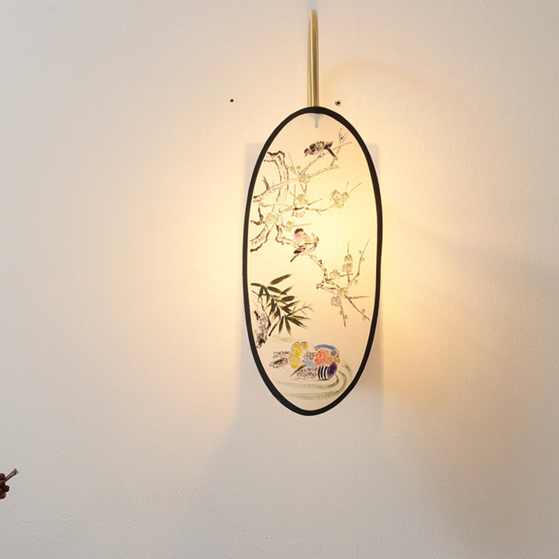 Traditional Chinese Oval Flower And Bird Patterned Hawthorn Wood Brass Fabric 1-Light Wall Sconce Lamp For Bedroom