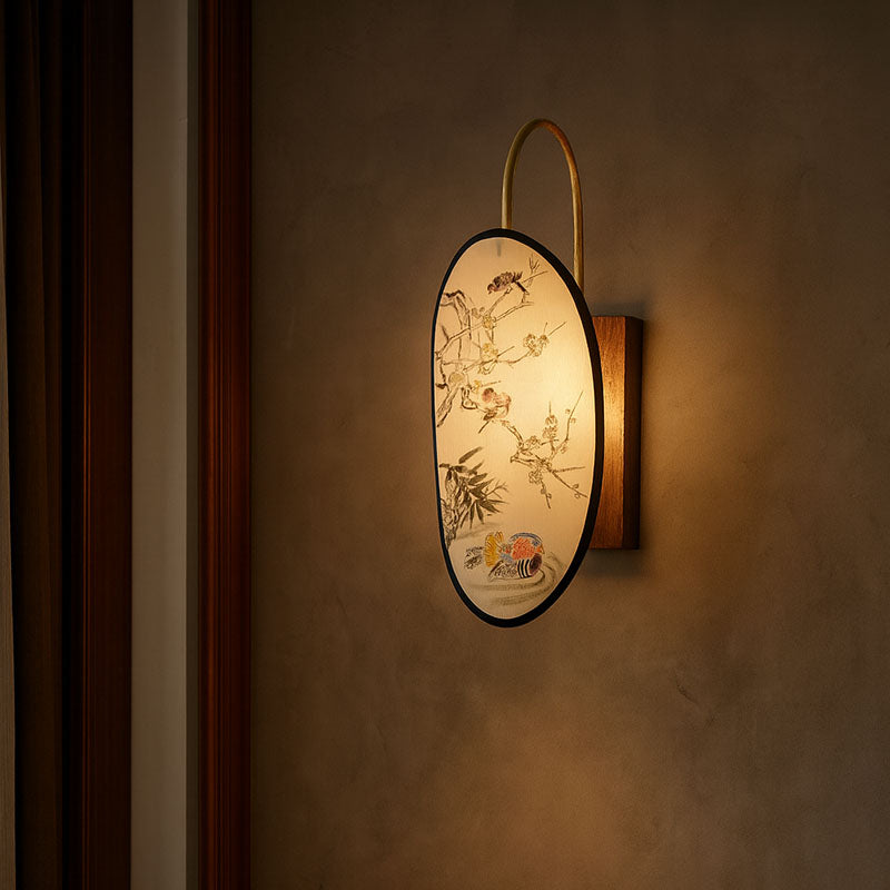 Traditional Chinese Oval Flower And Bird Patterned Hawthorn Wood Brass Fabric 1-Light Wall Sconce Lamp For Bedroom