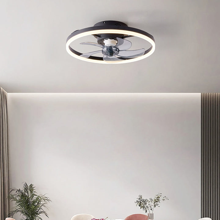 Ventilateur de plafond avec lumière LED en cuivre, fer et acrylique circulaire nordique contemporain et rotatif pour salon 
