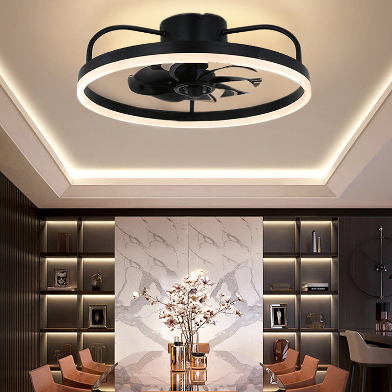 Ventilateur de plafond avec lumière LED en cuivre, fer et acrylique circulaire nordique contemporain et rotatif pour salon 