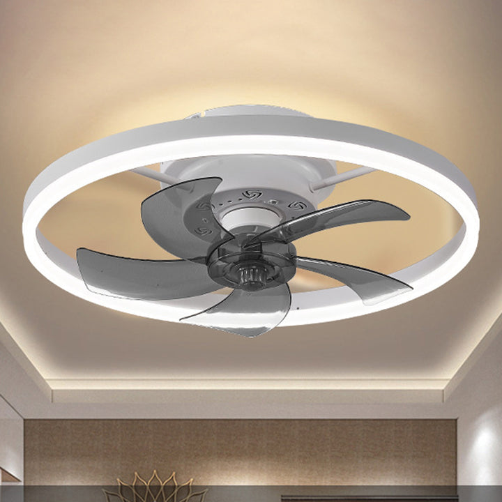 Ventilateur de plafond avec lumière LED en cuivre, fer et acrylique circulaire nordique contemporain et rotatif pour salon 