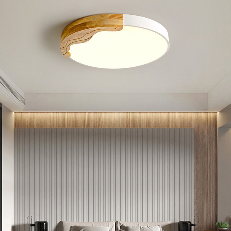 Contemporary Nordic Round Corrugated Iron Oak Acrylic LED Flush Mount Ceiling Light For Bedroom