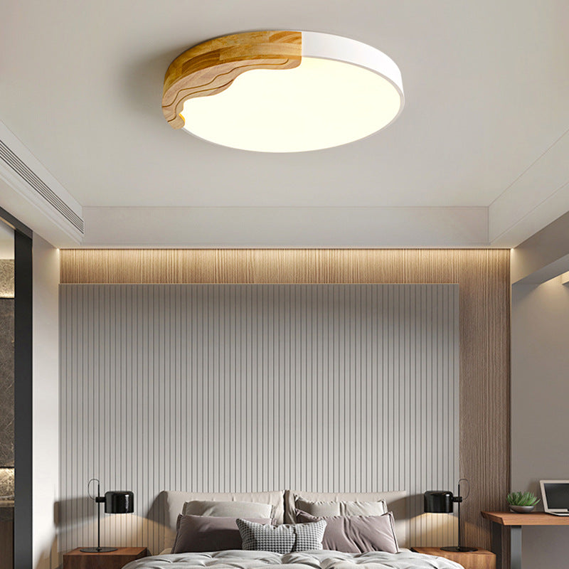 Contemporary Nordic Round Corrugated Iron Oak Acrylic LED Flush Mount Ceiling Light For Bedroom