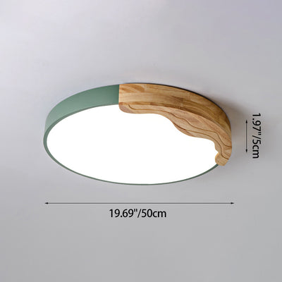 Contemporary Nordic Round Corrugated Iron Oak Acrylic LED Flush Mount Ceiling Light For Bedroom