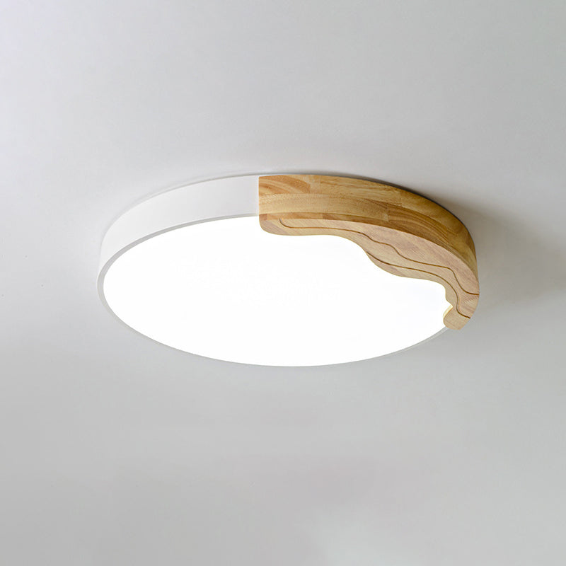Contemporary Nordic Round Corrugated Iron Oak Acrylic LED Flush Mount Ceiling Light For Bedroom