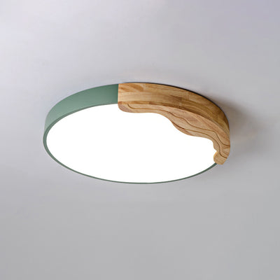 Contemporary Nordic Round Corrugated Iron Oak Acrylic LED Flush Mount Ceiling Light For Bedroom