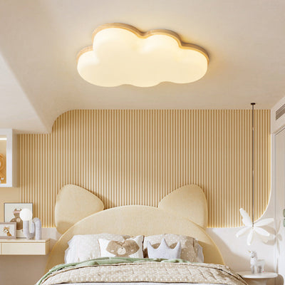 Modern Minimalist Kids Cloud-Shaped Rubberwood Acrylic LED Flush Mount Ceiling Light For Bedroom