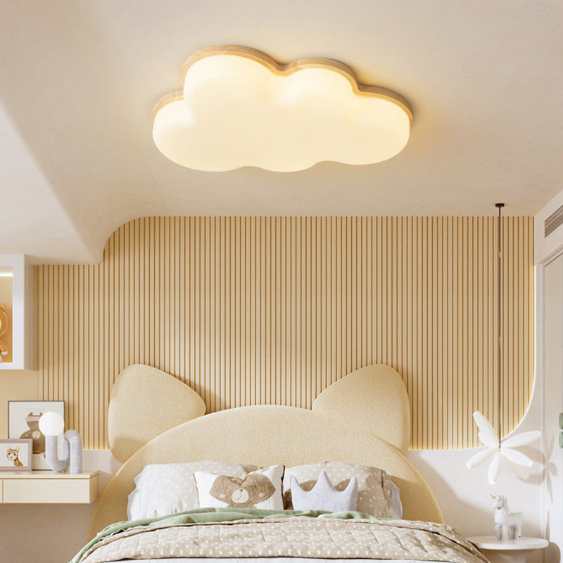 Modern Minimalist Kids Cloud-Shaped Rubberwood Acrylic LED Flush Mount Ceiling Light For Bedroom
