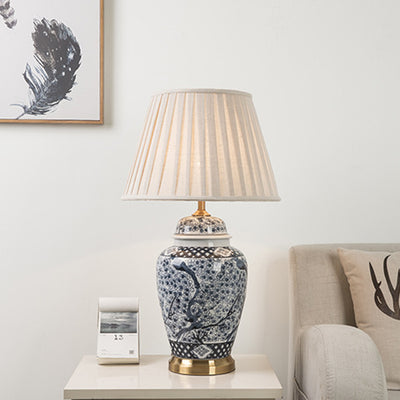 Traditional Chinese Pattern Pleated Cylindrical Copper Ceramic Fabric 1-Light Table Lamp For Bedroom