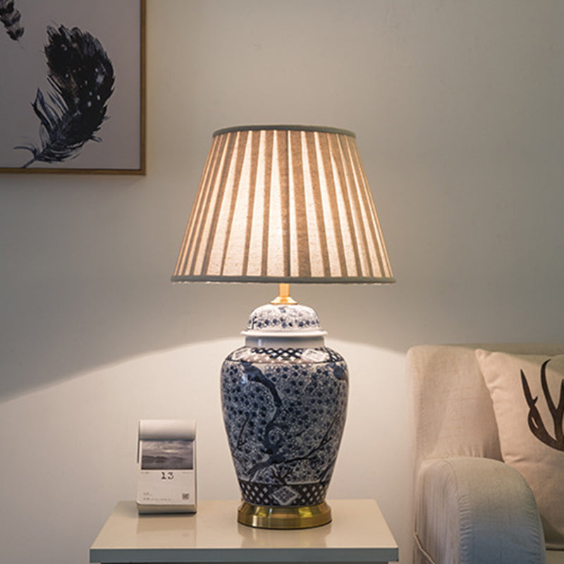 Traditional Chinese Pattern Pleated Cylindrical Copper Ceramic Fabric 1-Light Table Lamp For Bedroom