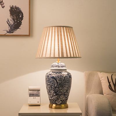 Traditional Chinese Pattern Pleated Cylindrical Copper Ceramic Fabric 1-Light Table Lamp For Bedroom