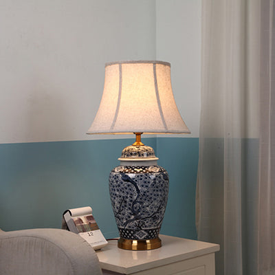 Traditional Chinese Pattern Pleated Cylindrical Copper Ceramic Fabric 1-Light Table Lamp For Bedroom