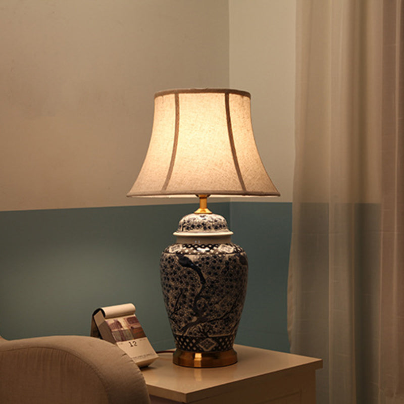 Traditional Chinese Pattern Pleated Cylindrical Copper Ceramic Fabric 1-Light Table Lamp For Bedroom