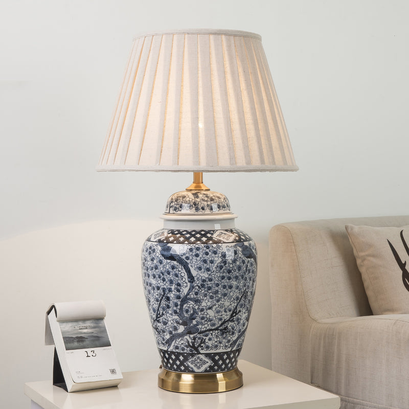 Traditional Chinese Pattern Pleated Cylindrical Copper Ceramic Fabric 1-Light Table Lamp For Bedroom