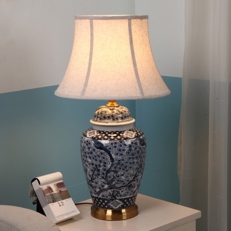 Traditional Chinese Pattern Pleated Cylindrical Copper Ceramic Fabric 1-Light Table Lamp For Bedroom