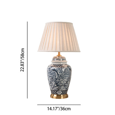 Traditional Chinese Pattern Pleated Cylindrical Copper Ceramic Fabric 1-Light Table Lamp For Bedroom