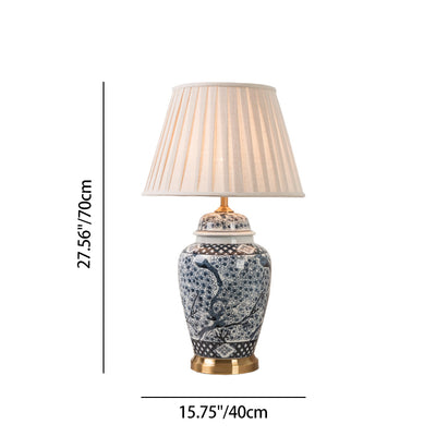 Traditional Chinese Pattern Pleated Cylindrical Copper Ceramic Fabric 1-Light Table Lamp For Bedroom