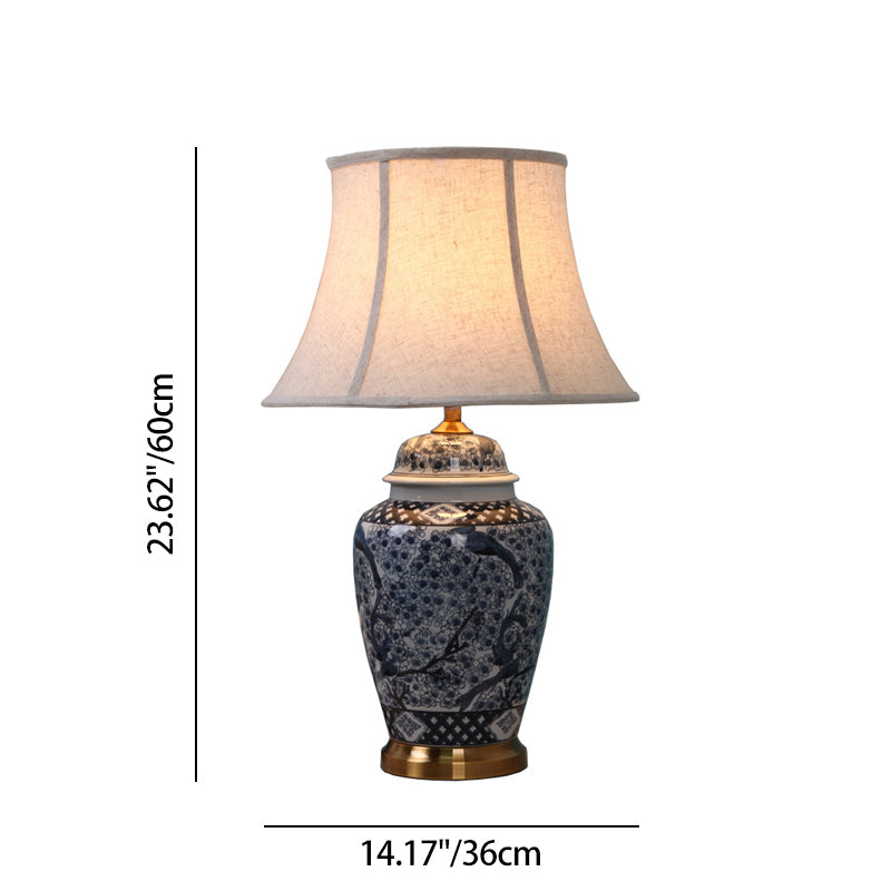 Traditional Chinese Pattern Pleated Cylindrical Copper Ceramic Fabric 1-Light Table Lamp For Bedroom