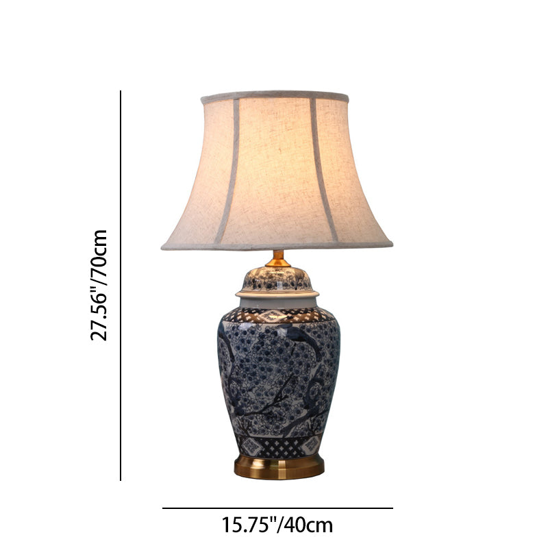 Traditional Chinese Pattern Pleated Cylindrical Copper Ceramic Fabric 1-Light Table Lamp For Bedroom