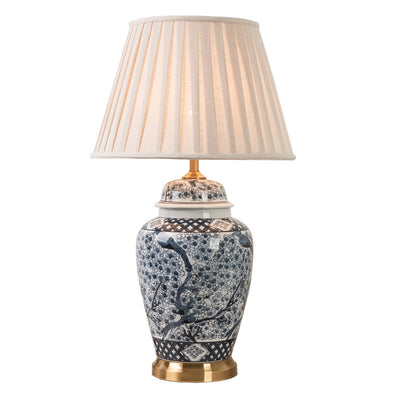 Traditional Chinese Pattern Pleated Cylindrical Copper Ceramic Fabric 1-Light Table Lamp For Bedroom