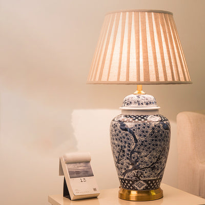 Traditional Chinese Pattern Pleated Cylindrical Copper Ceramic Fabric 1-Light Table Lamp For Bedroom