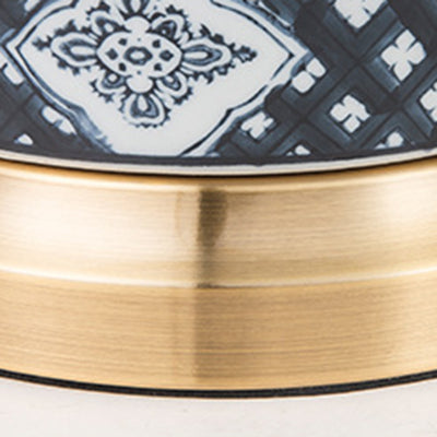 Traditional Chinese Pattern Pleated Cylindrical Copper Ceramic Fabric 1-Light Table Lamp For Bedroom