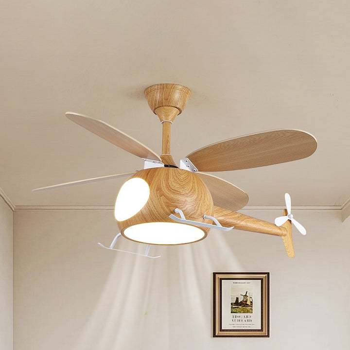 Zeitgenössische kreative Kinder Flugzeug-förmige Holz-Eisen-Acryl-LED-Deckenventilatorlampe für das Schlafzimmer 