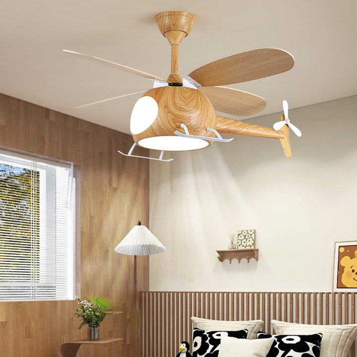 Zeitgenössische kreative Kinder Flugzeug-förmige Holz-Eisen-Acryl-LED-Deckenventilatorlampe für das Schlafzimmer 
