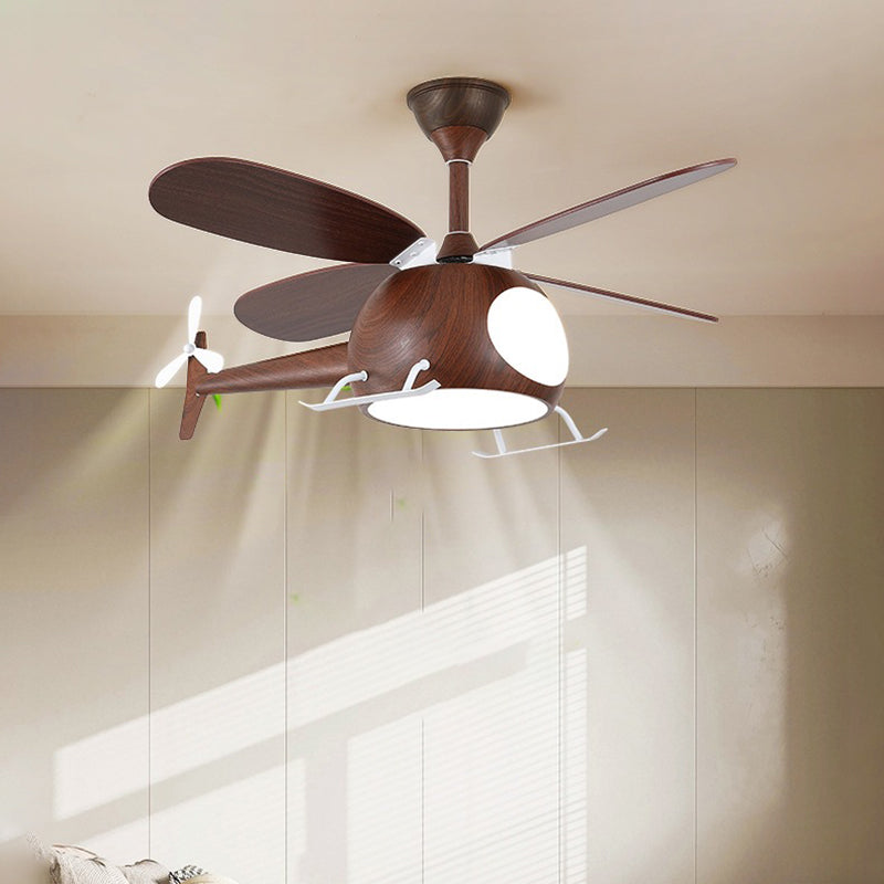 Contemporary Creative Kids Airplane-Shaped Wooden Iron Acrylic LED Downrods Ceiling Fan Light For Bedroom