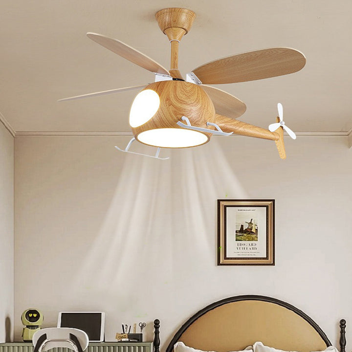 Zeitgenössische kreative Kinder Flugzeug-förmige Holz-Eisen-Acryl-LED-Deckenventilatorlampe für das Schlafzimmer 