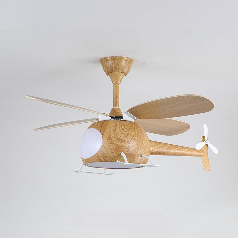 Zeitgenössische kreative Kinder Flugzeug-förmige Holz-Eisen-Acryl-LED-Deckenventilatorlampe für das Schlafzimmer 