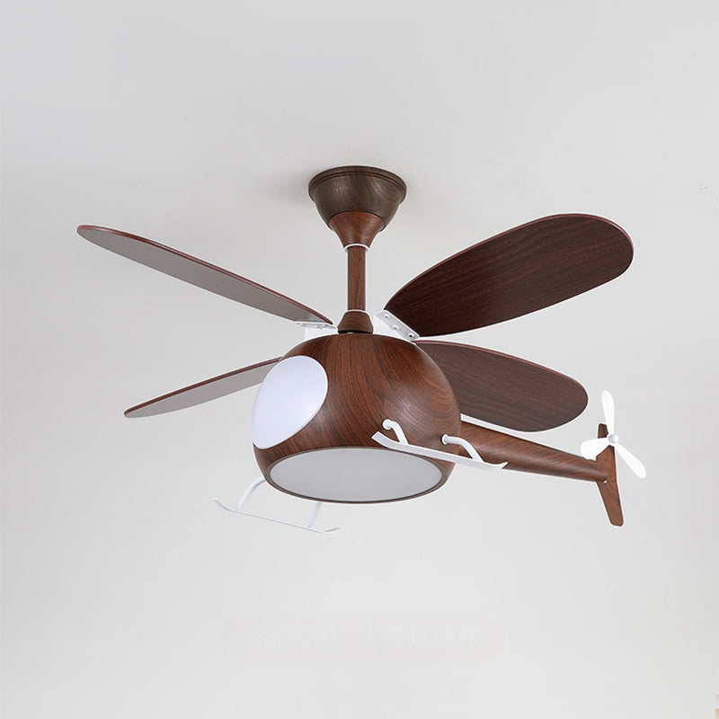 Contemporary Creative Kids Airplane-Shaped Wooden Iron Acrylic LED Downrods Ceiling Fan Light For Bedroom