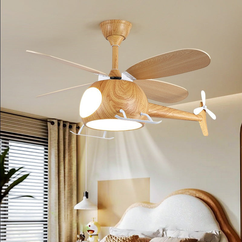 Contemporary Creative Kids Airplane-Shaped Wooden Iron Acrylic LED Downrods Ceiling Fan Light For Bedroom