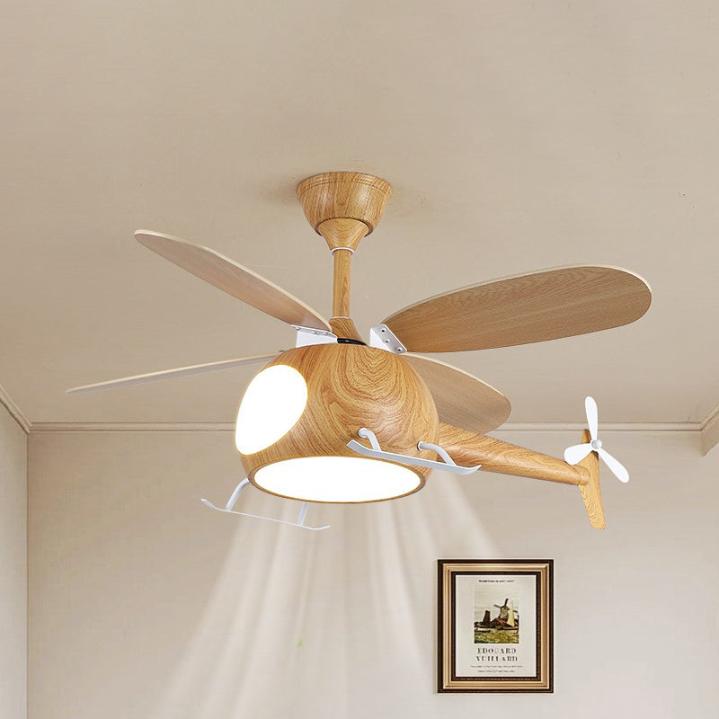 Contemporary Creative Kids Airplane-Shaped Wooden Iron Acrylic LED Downrods Ceiling Fan Light For Bedroom