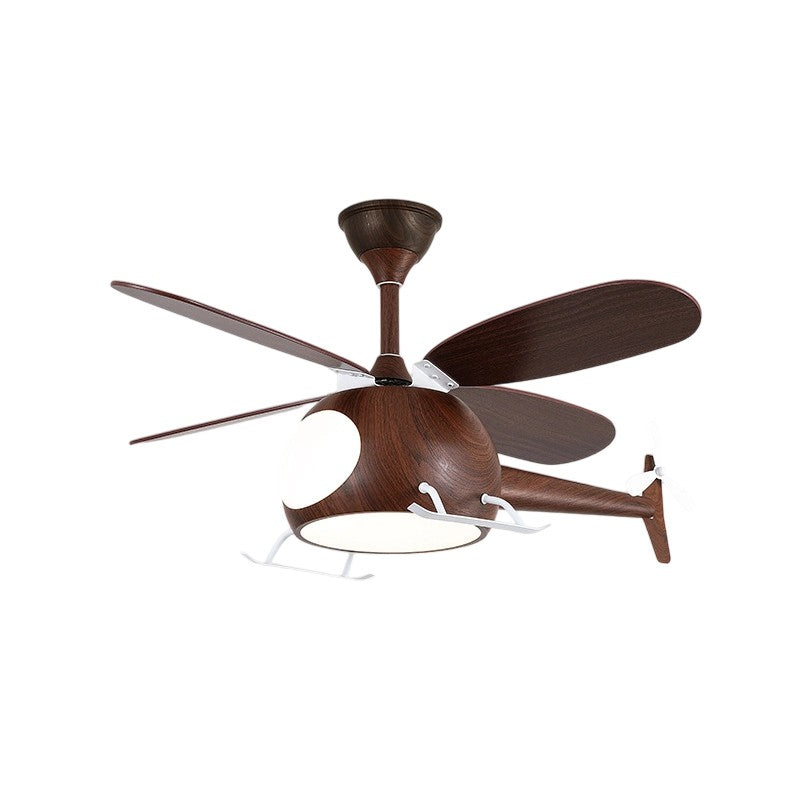 Contemporary Creative Kids Airplane-Shaped Wooden Iron Acrylic LED Downrods Ceiling Fan Light For Bedroom