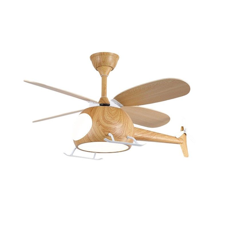 Zeitgenössische kreative Kinder Flugzeug-förmige Holz-Eisen-Acryl-LED-Deckenventilatorlampe für das Schlafzimmer 