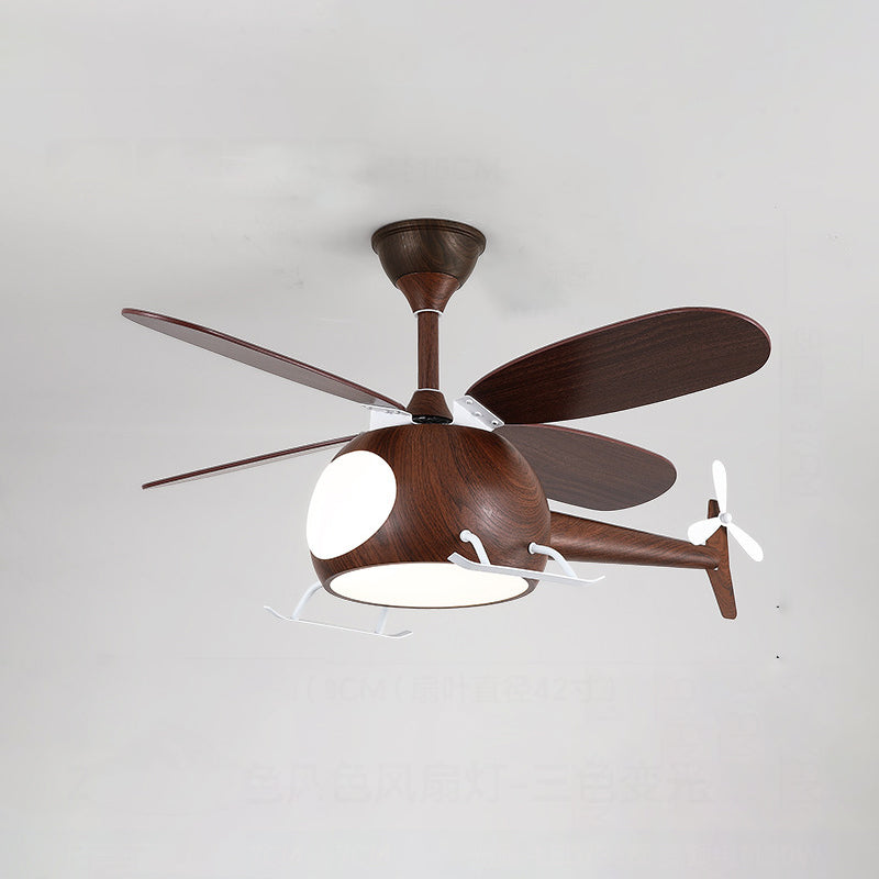 Contemporary Creative Kids Airplane-Shaped Wooden Iron Acrylic LED Downrods Ceiling Fan Light For Bedroom