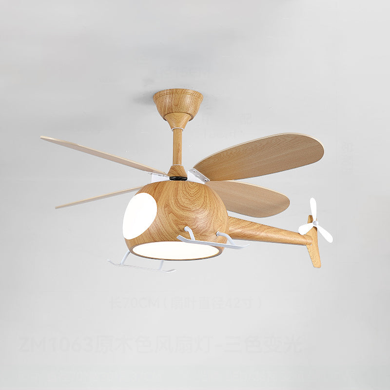 Contemporary Creative Kids Airplane-Shaped Wooden Iron Acrylic LED Downrods Ceiling Fan Light For Bedroom