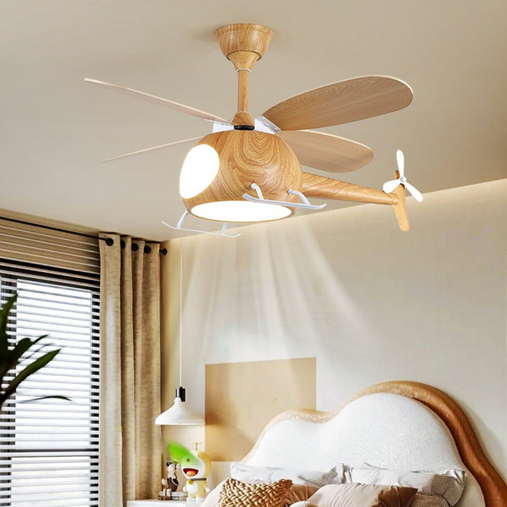 Zeitgenössische kreative Kinder Flugzeug-förmige Holz-Eisen-Acryl-LED-Deckenventilatorlampe für das Schlafzimmer 